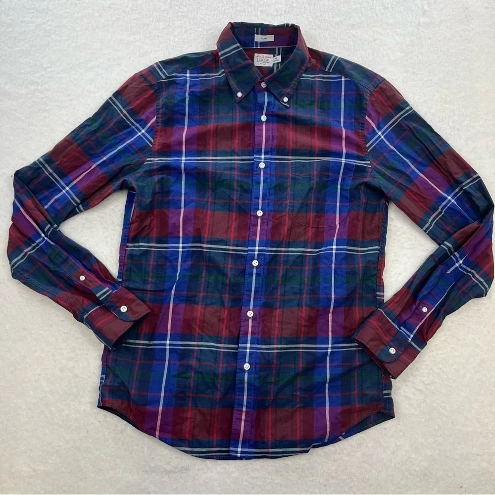 J. Crew Secret Wash Slim Cotton Poplin Plaid Long Sleeve Button Down Size Medium